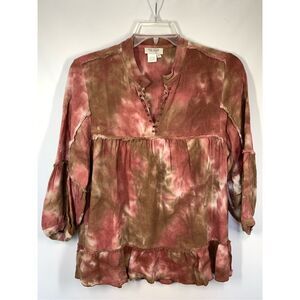 Tru Luxe Women's Tie Dye Linen Blend 3/4 Sleeve Tunic Top Red Brown Size Large